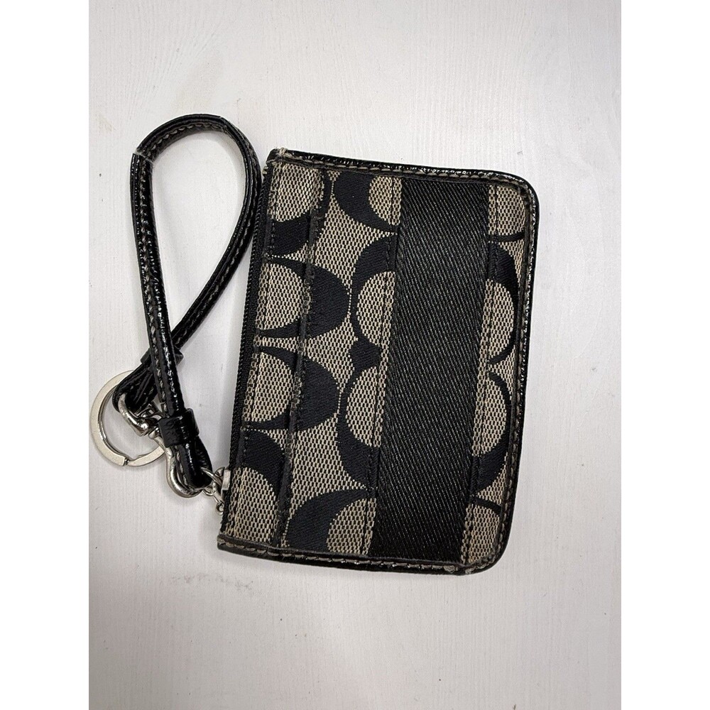 Coach Signature Zip Card Case ID Holder Wristlet Brown Black Wallet